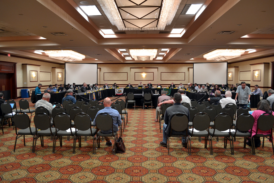 People meeting in a hotel ballroom