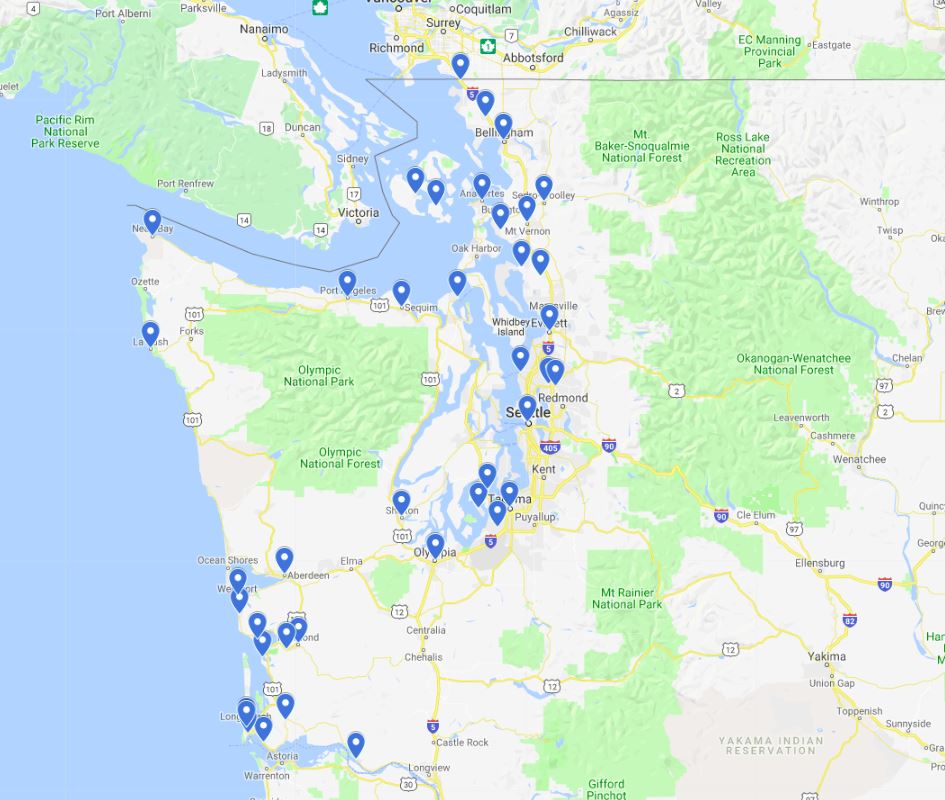 A Google map of Washington fishing communities