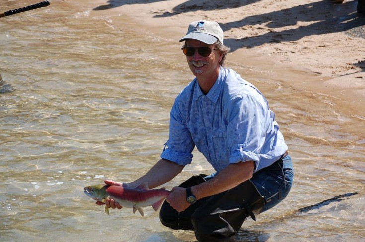 A man in a baseball cap crouches down in a river, holding a sockeye salmon