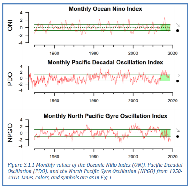 Three graphs showing the monthly El Nino index, the Pacific Decadal Oscillation index, and the monthly North Pacific Gyre Oscillation index from 1950 to 2020