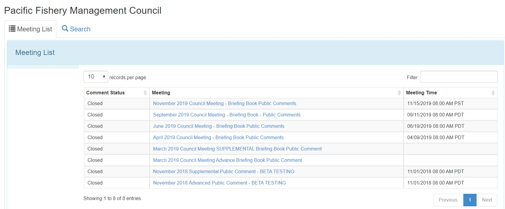 A computer screen showing a series of council meetings from which to choose in order to submit public comment