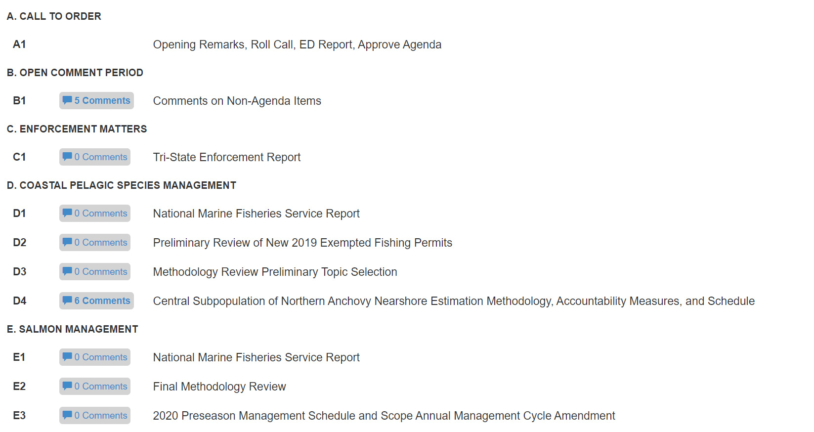 A computer screen showing the agenda of a Council meeting, with agenda items to select from in order to submit public comment