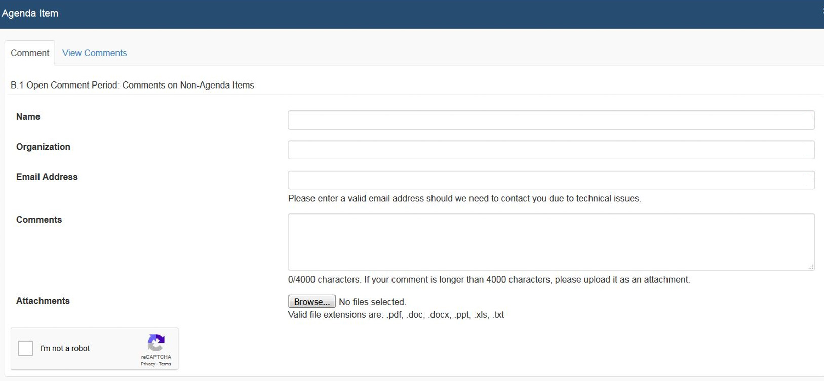 A computer screen showing the council's comment portal, with fields for name, organization, email address, comments, and attachments.